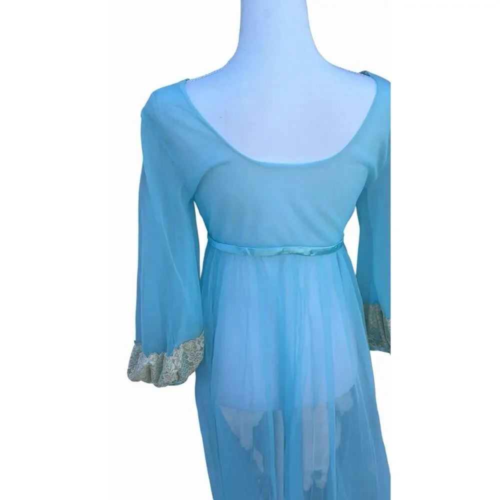 Vintage 1960s Blue Nylon Peignoir Robe With Chantilly Lace Juliette Style